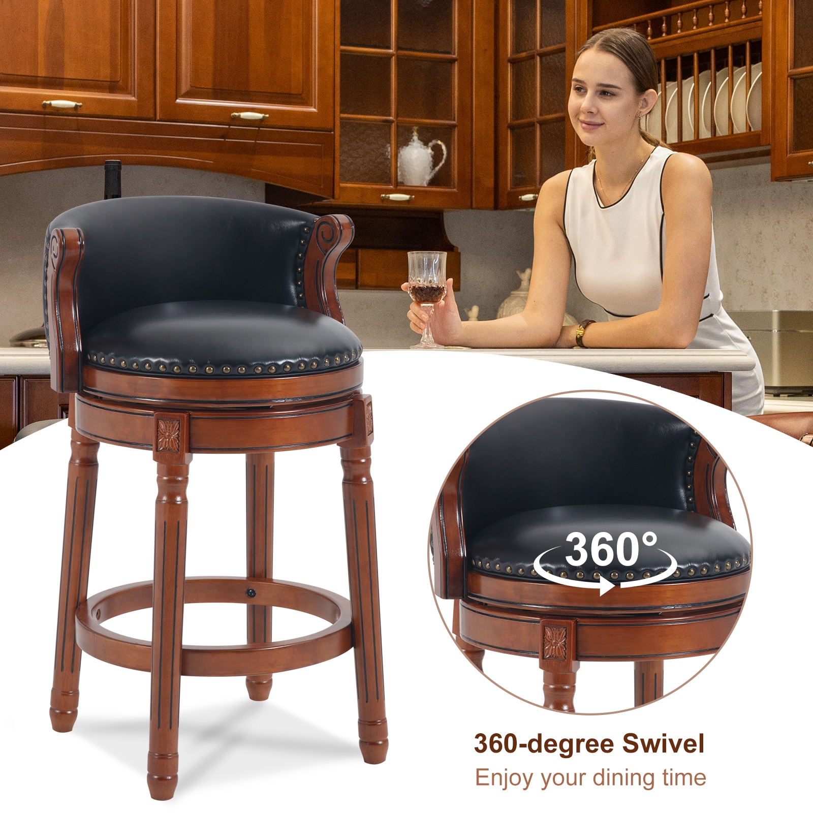 Seat height 26'' Cow top Leather Wooden Bar Stools, 360 Degree Swivel Bar Height Chair with Backs for Home Kitchen Counter